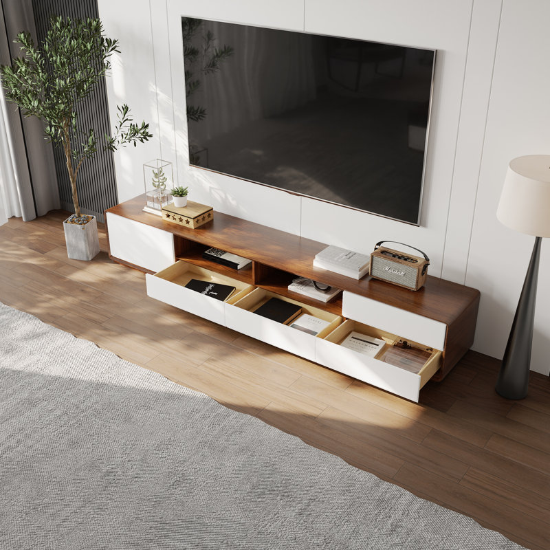Dawnee Modern Wood TV Stand Media Console 4 Drawers Open Storage Cabinet Walnut Veneer Fully Assembled Hokku Designs Color Brown White Overall